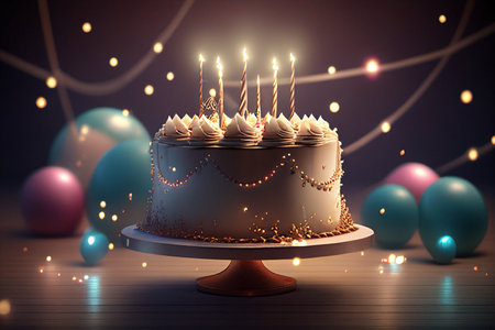 Birthday cake with burning candles and balloons on wooden table. 3D rendering generative aiの素材