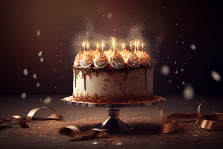 Birthday cake with burning candles and golden ribbons on dark background generative aiの素材