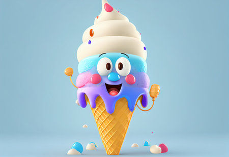 3d rendering of ice cream character on blue background with copy space generative aiの素材