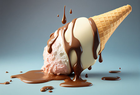Ice cream with chocolate and ice cream cone. 3d rendering. generative aiの素材