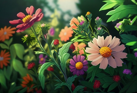 Beautiful summer flowers in the garden. 3d render illustration. generative aiの素材