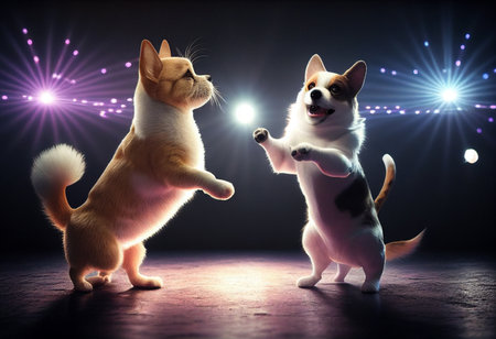 two dogs playing with each other on a dark background with spotlights generative aiの素材