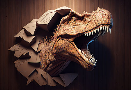 Dinosaur head made of paper on wooden background. 3D rendering generative aiの素材