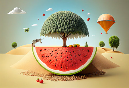 Watermelon with tree and hot air balloon in the desert. 3d illustration generative aiの素材
