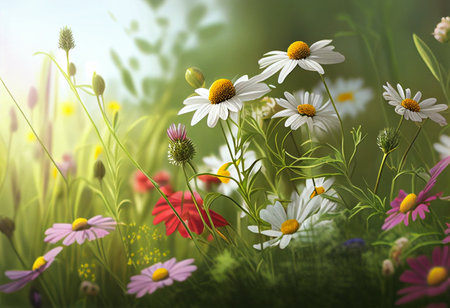 Summer meadow with daisies and chamomile flowers generative aiの素材