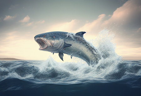 Great white shark jumping out of the water. 3D Rendering generative aiの素材