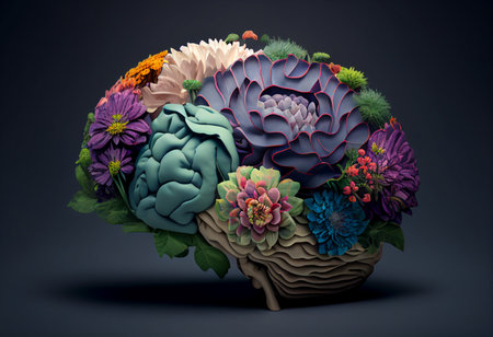 Human brain made of colorful flowers and leaves. 3D illustration. generative aiの素材