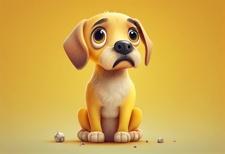 Cute dog sitting on yellow background. 3D rendering. generative aiの素材