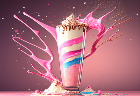 Milkshake in glass with splashes and drops isolated on pink background generative aiの素材