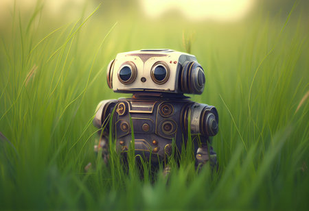 vintage robot toy on green grass background. 3d rendering. generative aiの素材