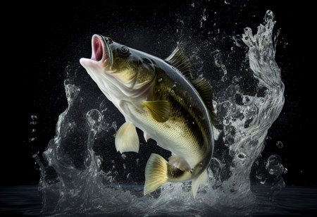 Fishing trophy on black background with splashes and drops of water generative aiの素材