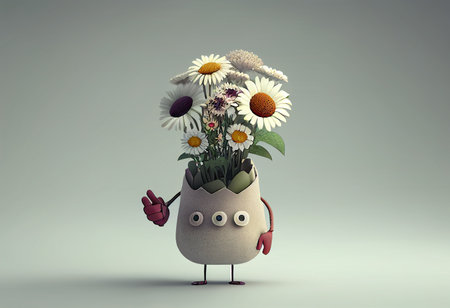 3d render of a pot of daisies with a funny face generative aiの素材