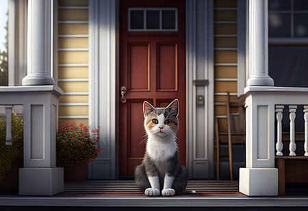 Cute cat sitting on the porch of the house. 3D rendering generative aiの素材