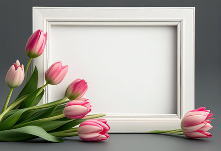 White frame with pink tulips on gray background. Copy space. generative aiの素材