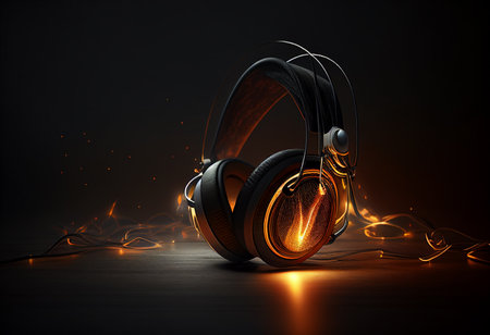 Headphones with glowing light on dark background. 3D Rendering generative aiの素材