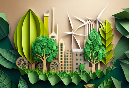 Ecology city with wind turbines and trees. Paper art style. illustration. generative aiの素材