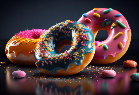 Donuts with sprinkles on a black background. 3d rendering generative aiの素材