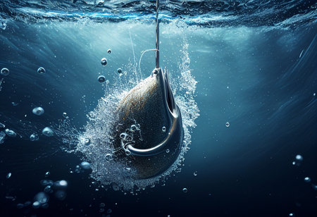 Fishing hook in water. 3d illustration. Conceptual image generative aiの素材