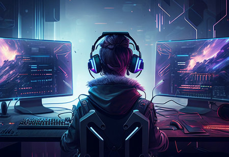 Cyberpunk gamer girl in headphones playing online games with a powerful computer. 3d rendering toned image double exposure generative aiの素材