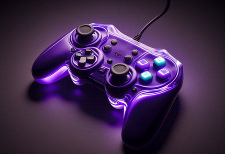 Violet video game controller on a dark background. 3d rendering generative aiの素材