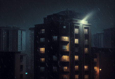 Night cityscape with tall buildings and falling snow. Mixed media. Mixed media generative aiの素材