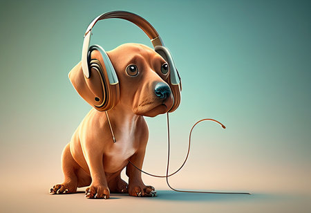 dog listening to music with headphones on blue background. 3d illustration generative aiの素材