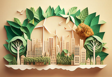 Paper cut eco city landscape with wind turbines. Paper art style. illustration. generative aiの素材