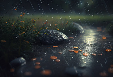 Rain drops falling on stones in the rain. Rainy day. generative aiの素材