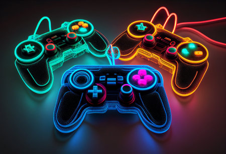 Gamepad with colorful neon lights on dark background. 3D rendering generative aiの素材