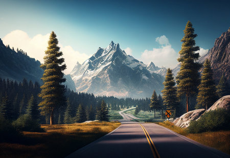 Beautiful landscape with asphalt road and mountain peaks in the background. generative aiの素材