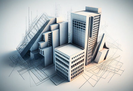 3d rendering of modern skyscrapers with construction sketches on white background Generative aiの素材