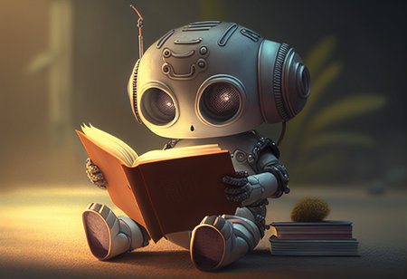 3D rendering of a robot reading a book on a dark background Generative aiの素材