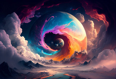 Fantasy planet. 3D surreal illustration. Sacred geometry. Mysterious psychedelic relaxation pattern. Fractal abstract texture. Digital artwork graphic astrology magic Generative aiの素材