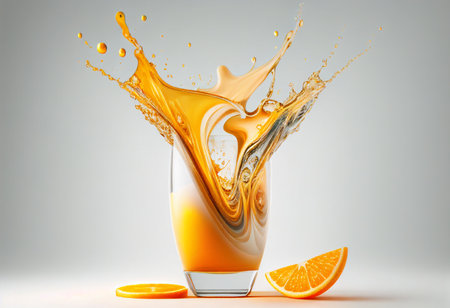 Orange juice splashing out of a glass. 3d rendering. Generative aiの素材