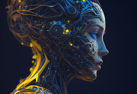 3d rendering of a female cyborg with digital circuit on her head generative aiの素材