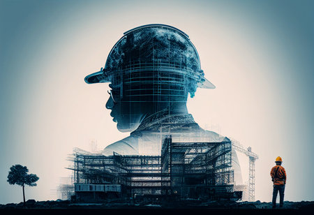 Double exposure of Engineer or architect at construction site with building under construction generative aiの素材