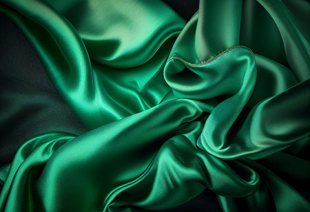 Closeup of rippled green satin fabric, background texture generative aiの素材
