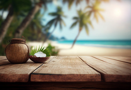 Wooden table with coconut and sea background. Summer vacation concept. generative aiの素材
