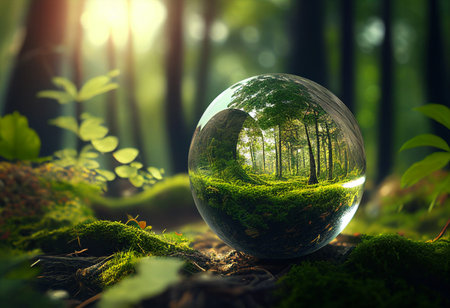 Crystal ball with forest inside. 3D rendering. Environment conservation concept. generative aiの素材