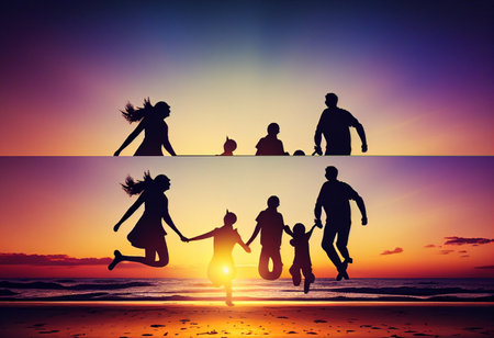Family Friendship Togetherness Fun Bonding Beach Summer Concept. Collage generative aiの素材