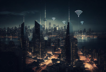Wireless connection concept on modern city background. 3D Rendering generative aiの素材
