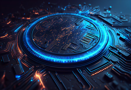 3D rendering of cryptocurrency coin on a circuit board with blue lights. generative aiの素材