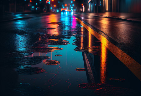 Rain puddles on city street at night. Rainy weather. generative aiの素材