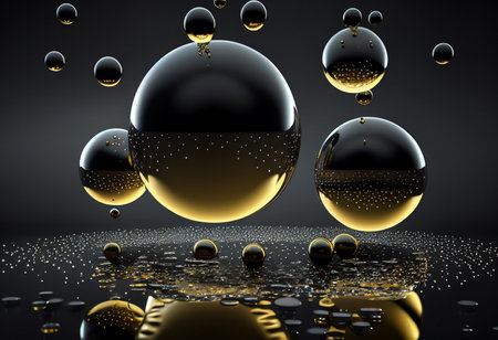 3d illustration of abstract background with glossy spheres in black and gold colors generative aiの素材