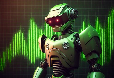 Green robot on the background of the stock chart. 3d rendering generative aiの素材