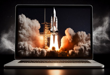 Rocket launch concept with laptop screen on dark background. Mixed media. generative aiの素材