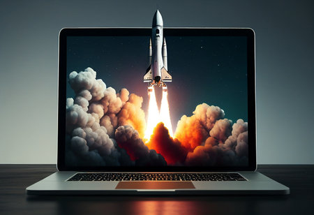 Startup concept with rocket on laptop screen. 3D Rendering generative aiの素材