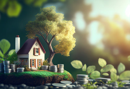Real estate concept. House model with coins on green nature background. generative aiの素材