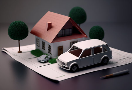 House model and car on a paper background. 3D illustration. generative aiの素材