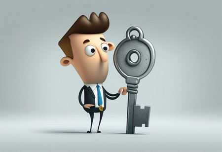 3D illustration of a cartoon businessman holding a key in his hand generative aiの素材